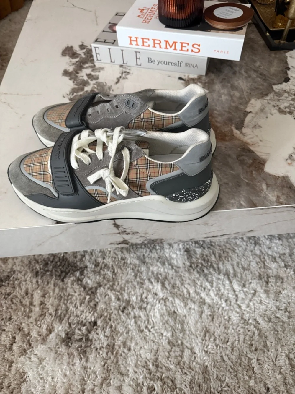Burberry Gray Suede Sneakers with Beige Vintage Check Detail - Picture 2 of 4